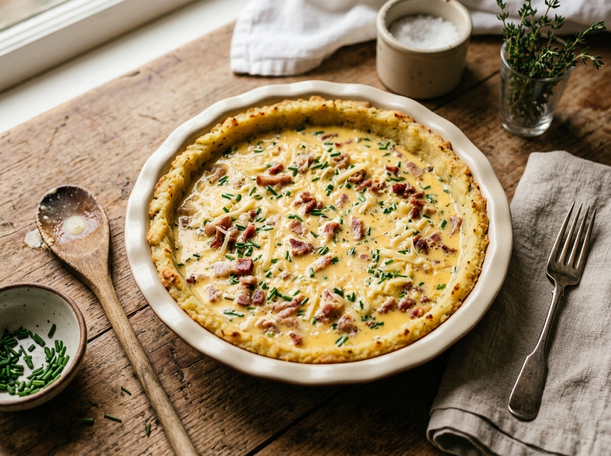 A golden mashed potato crust pressed into a springform pan.