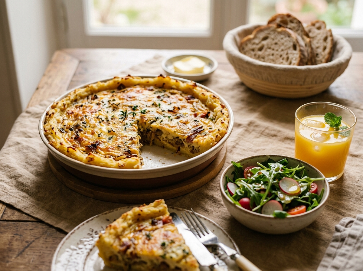 A sliced quiche served with a fresh green salad on the side.