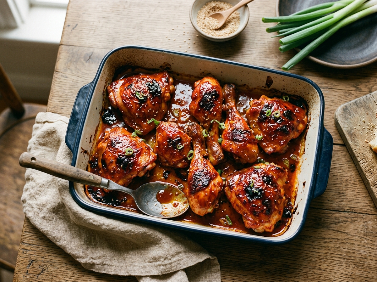 Glossy roasted chicken thighs glazed in deep red gochujang sauce.