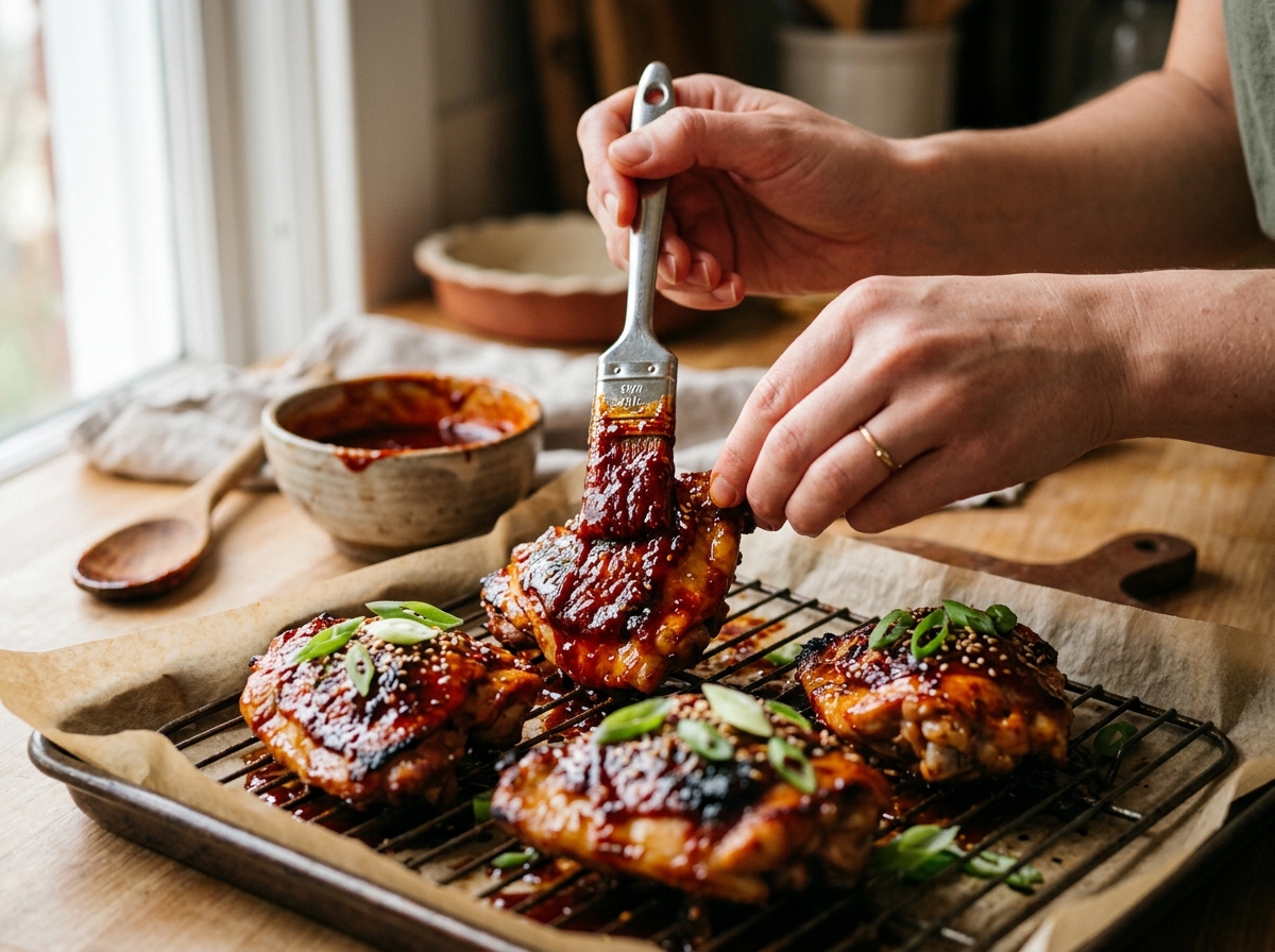 Chicken being brushed with glossy glaze before broiling.