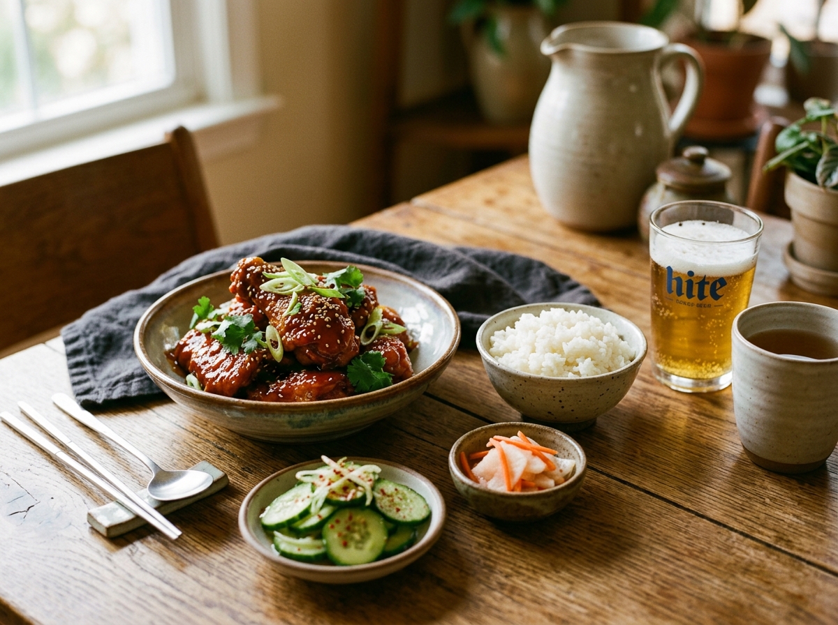 Plated gochujang chicken with rice, lime wedges, and scallions.