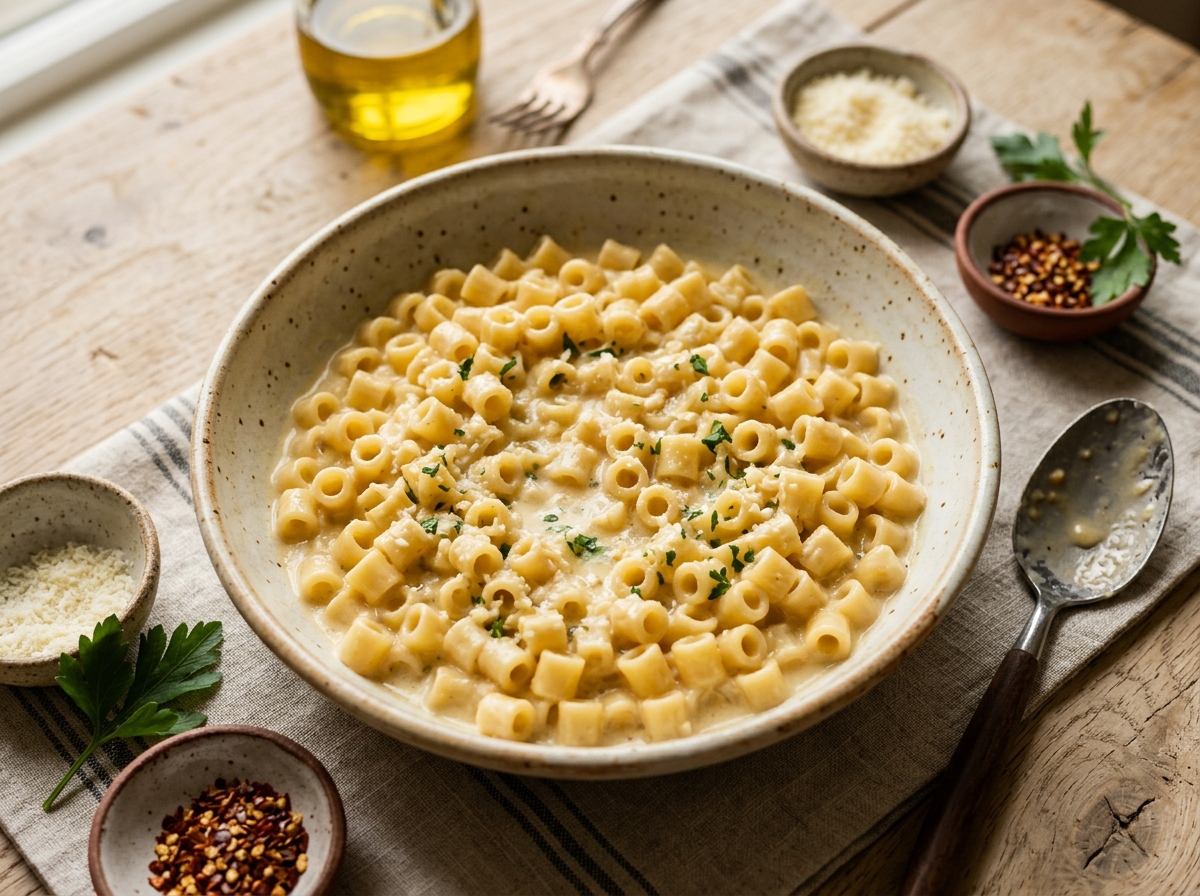 A steaming pot of creamy ditalini pasta with melted parmesan.