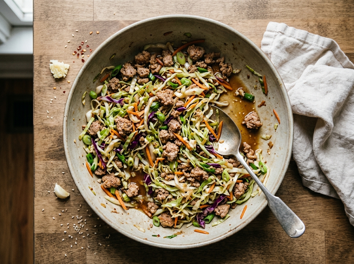 A sizzling skillet of ground turkey and cabbage slaw mid-stir.