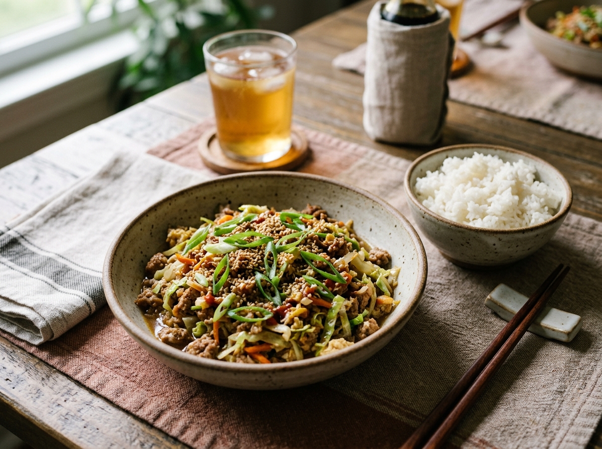A finished bowl topped with green onions and sesame seeds.