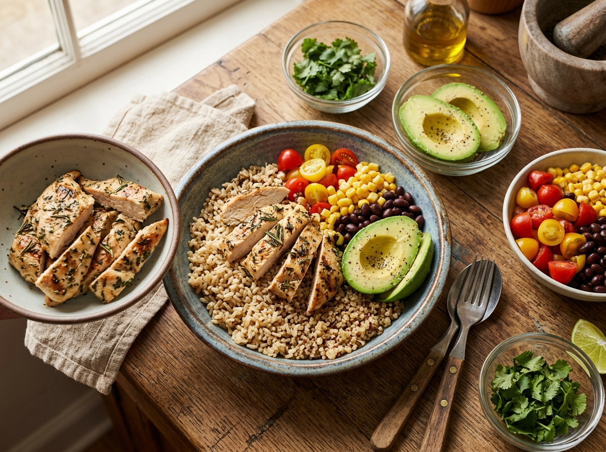 A colorful high-protein bowl with rice, chicken, avocado, and beans.
