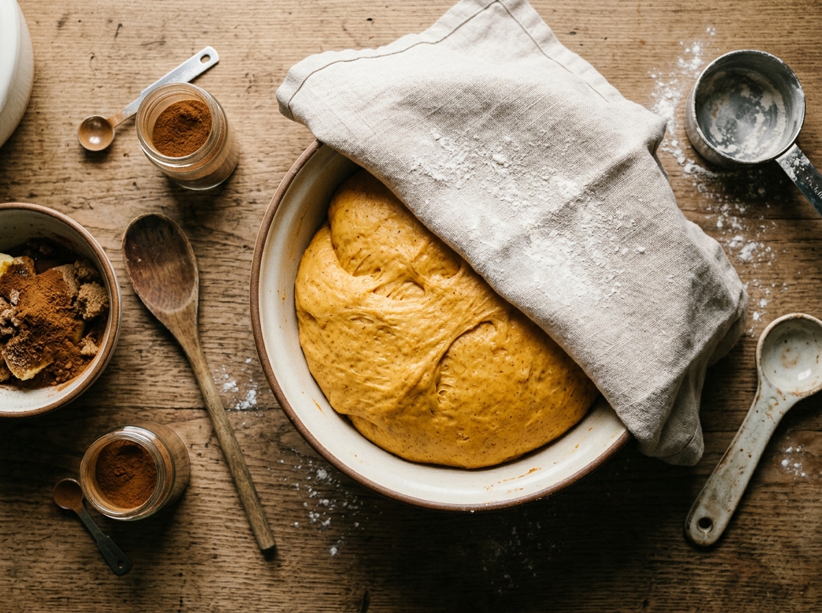 Golden pumpkin cinnamon rolls fresh from the oven, unglazed.