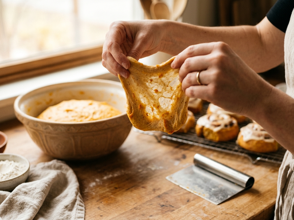 Hands rolling cinnamon-spiced dough into a tight log.