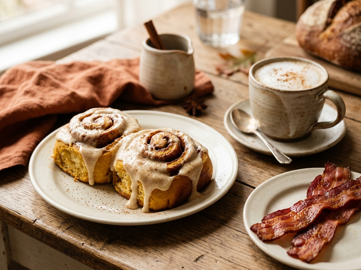 A frosted pumpkin cinnamon roll served with hot coffee.