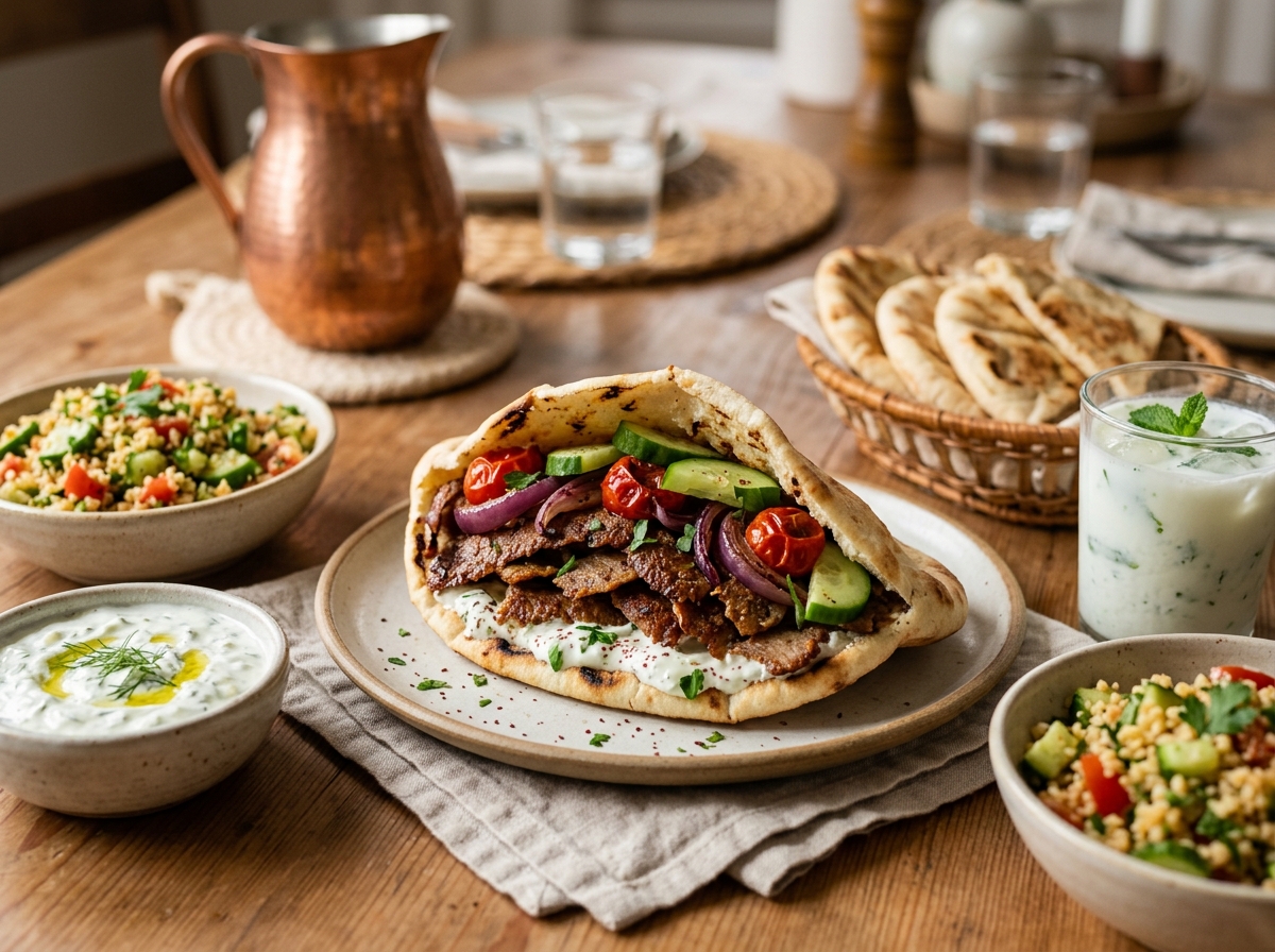 Assembled pita sandwich with tzatziki, tomato, and cucumber.