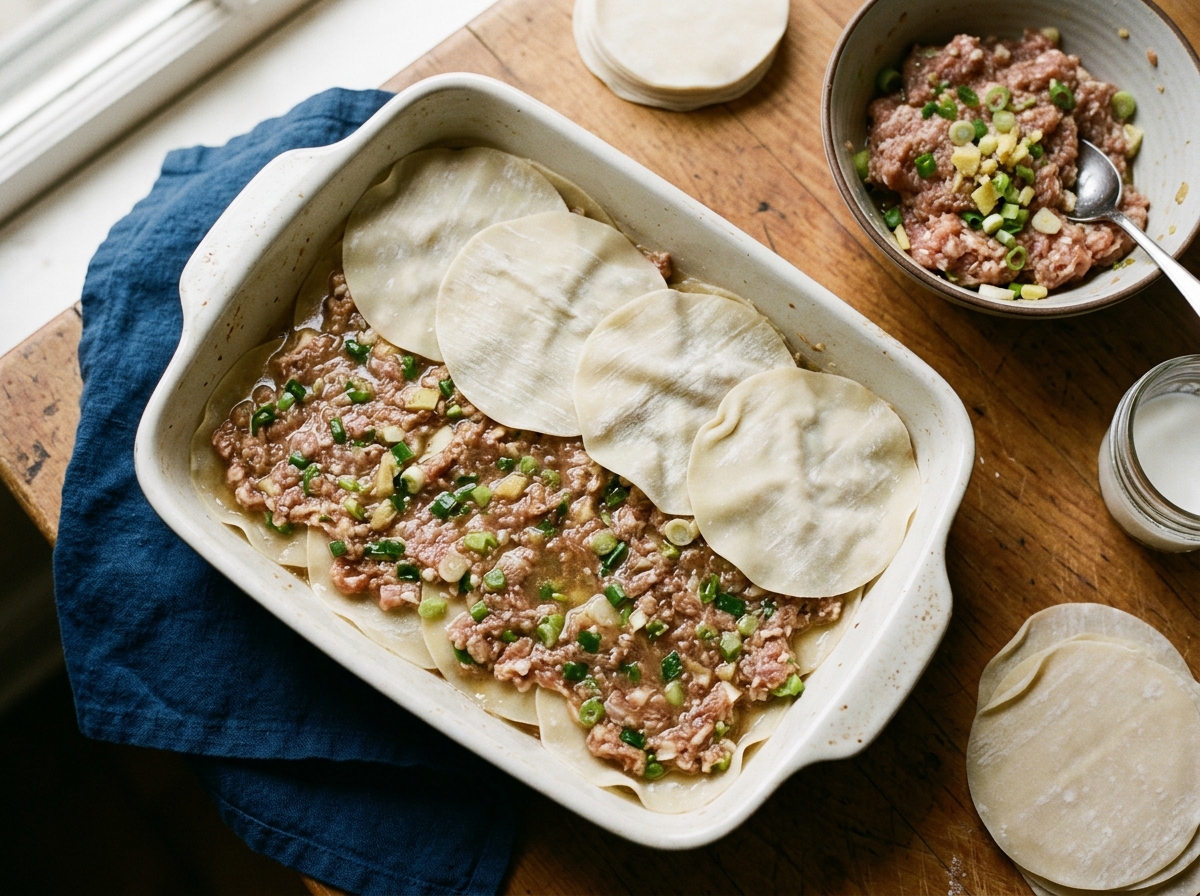 Layered ramekin of pork, cabbage, and wonton wrappers before steaming.