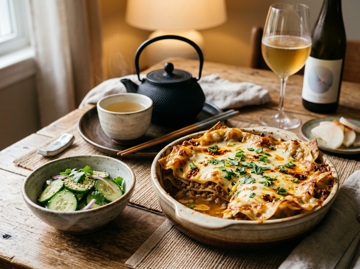 Finished dumpling lasagna served with chili oil and scallions.