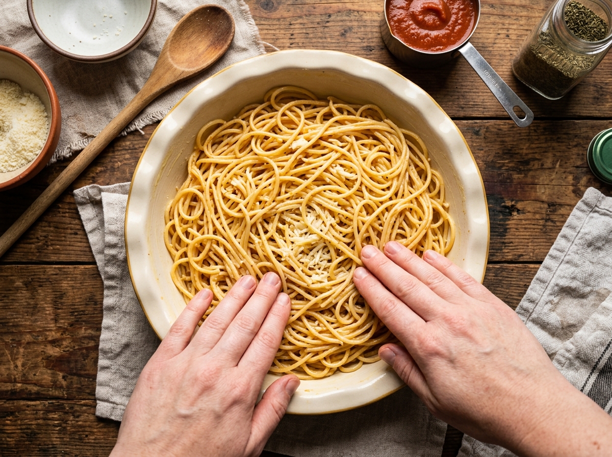A golden spaghetti pie fresh out of the oven, sliced into wedges.