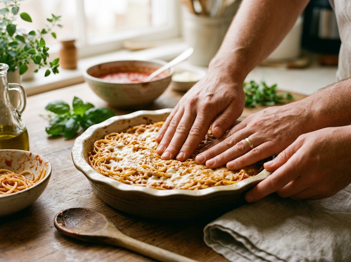 Pressing the spaghetti mixture firmly into a greased pie pan.