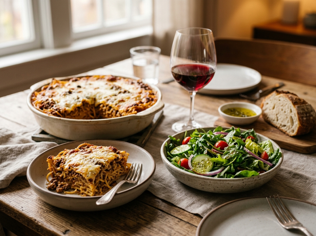 A wedge of spaghetti pie plated with a fresh green salad.