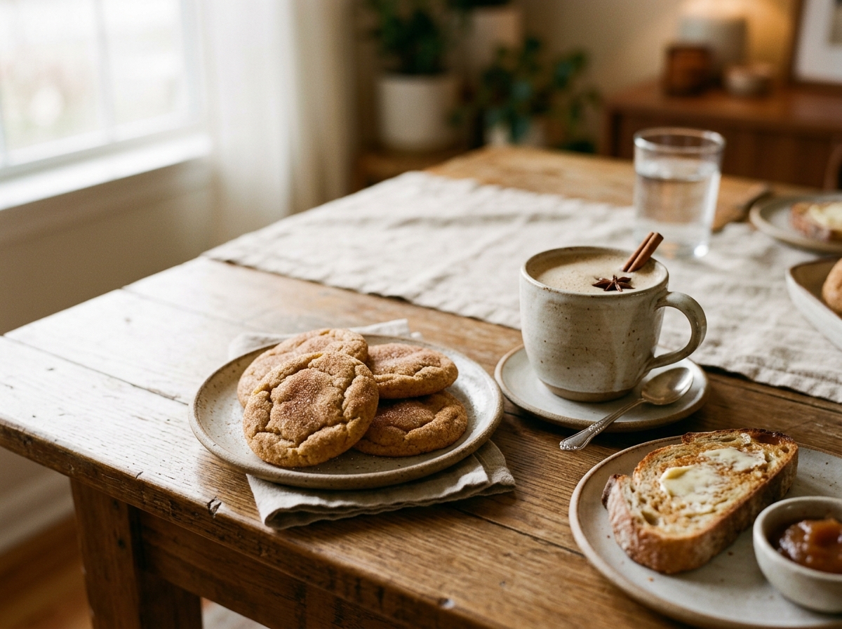 Plate of pumpkin snickerdoodles served with a warm autumn drink.