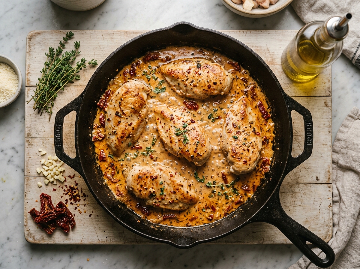 Golden seared chicken breast resting in creamy tomato sauce.