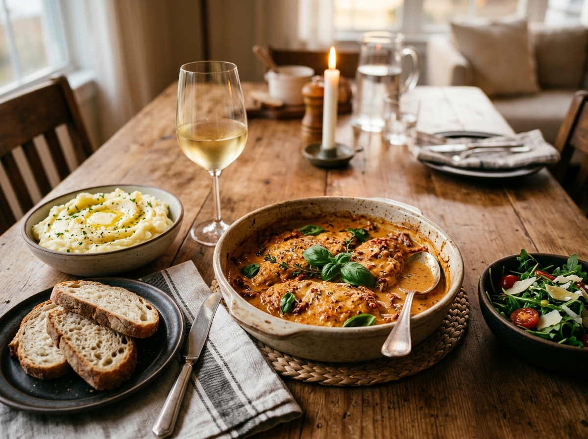 Plated chicken with pasta and a glass of white wine.