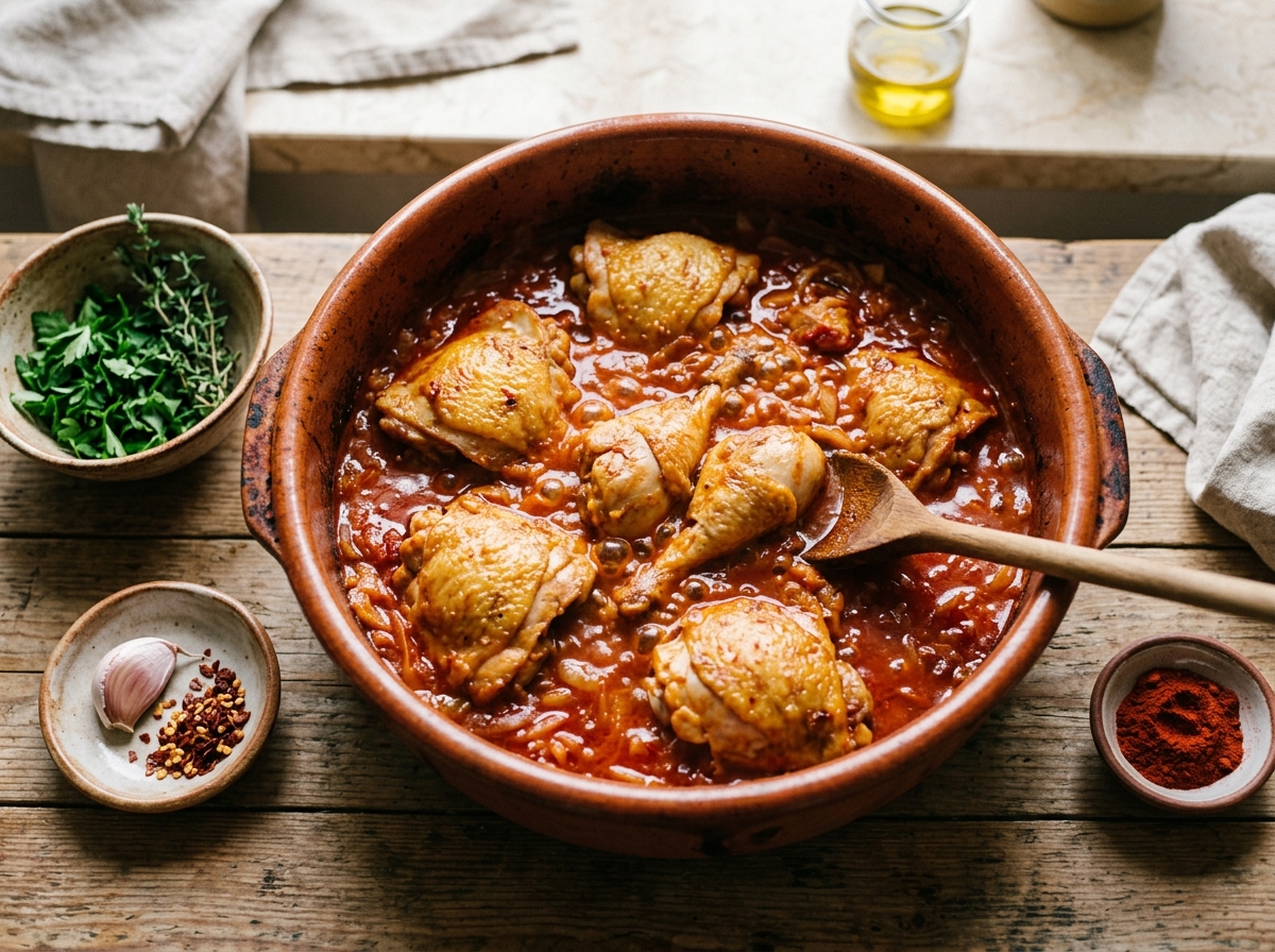 Golden chicken pieces simmering in a rich paprika sauce