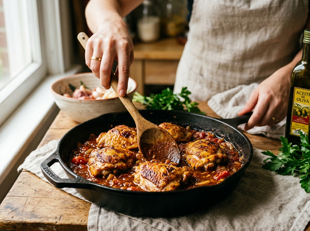 Whisking chicken broth into a smoky paprika sauce base