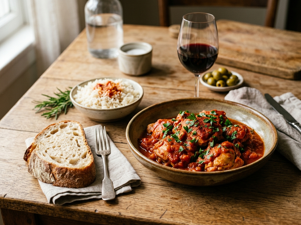 Bravas chicken served over rice with crusty bread