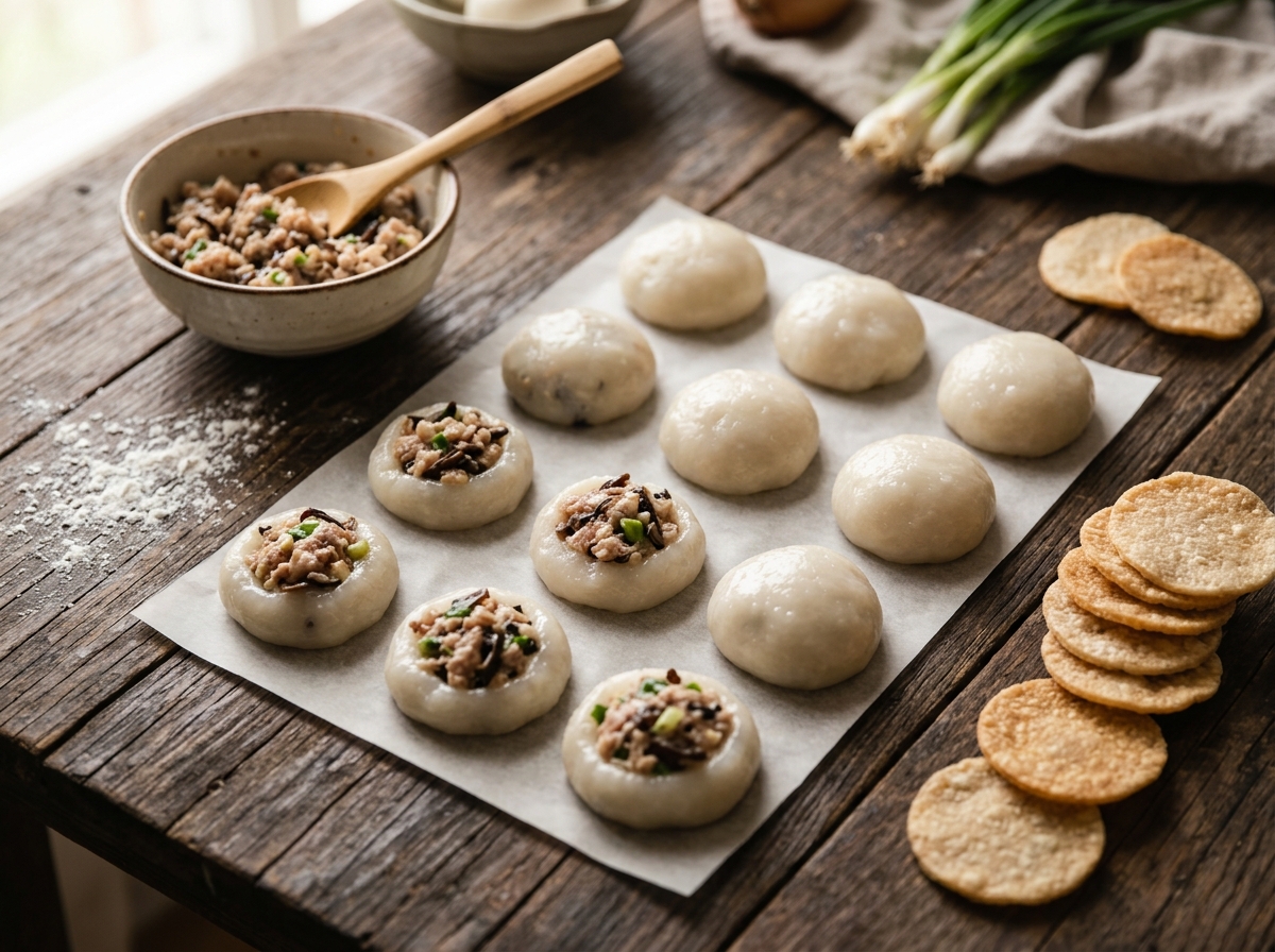 A steamed dumpling balanced atop a golden crispy rice patty.