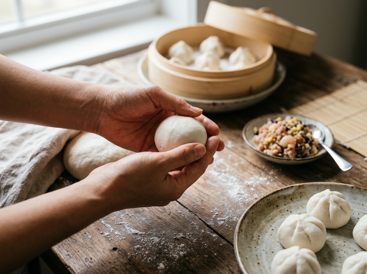 Hands sealing glutinous rice dough around savory pork and shrimp filling.