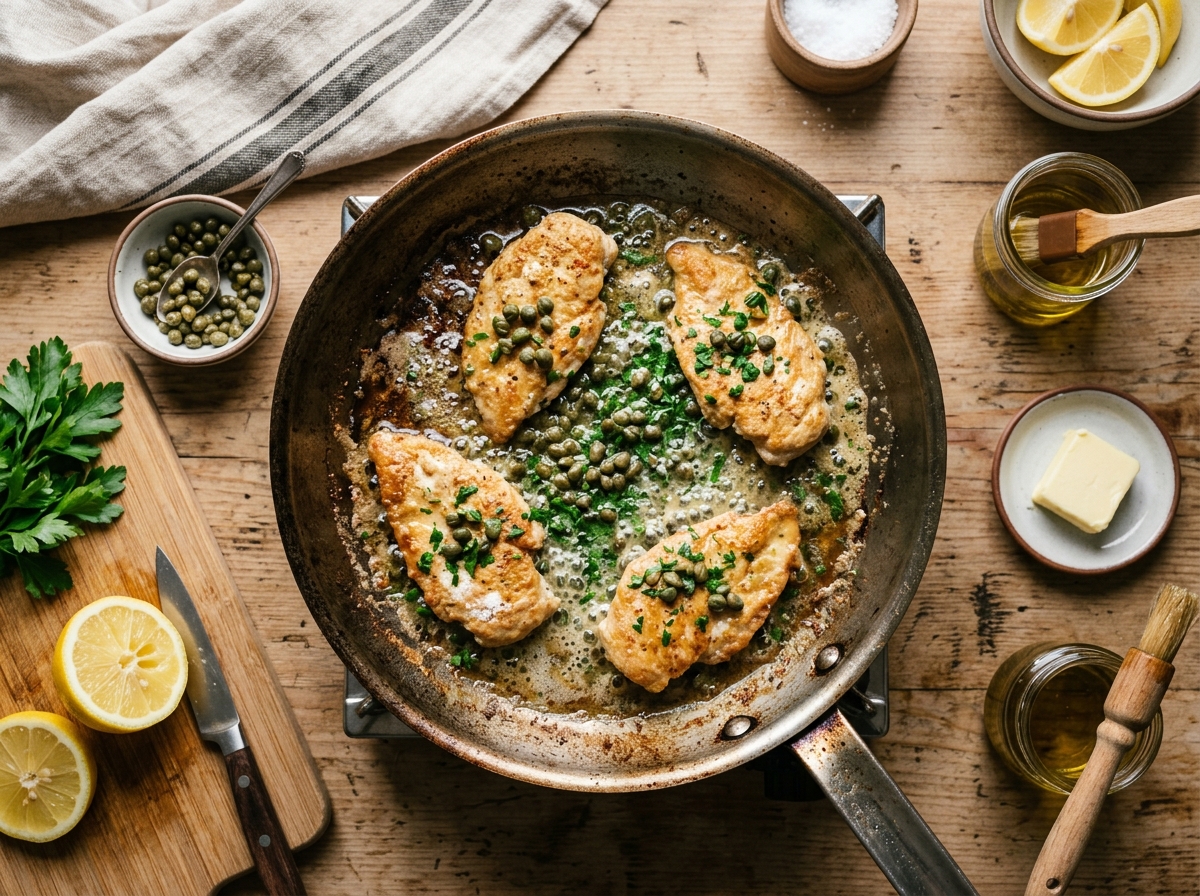 Golden chicken cutlets simmering in glossy lemon caper sauce.