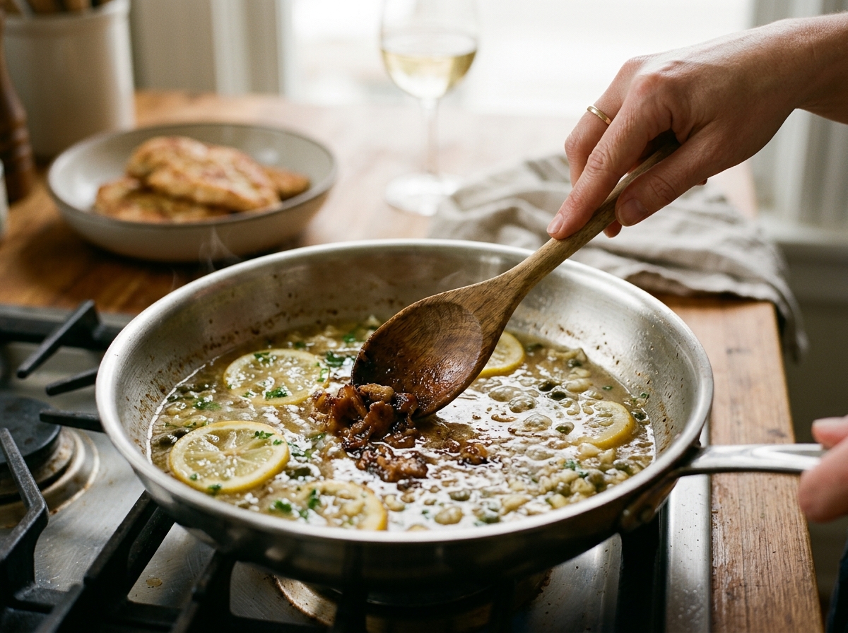 Whisking browned bits into the pan for a silky sauce base.