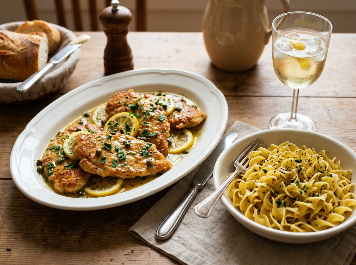 Plated chicken piccata over pasta with lemon slices and parsley.
