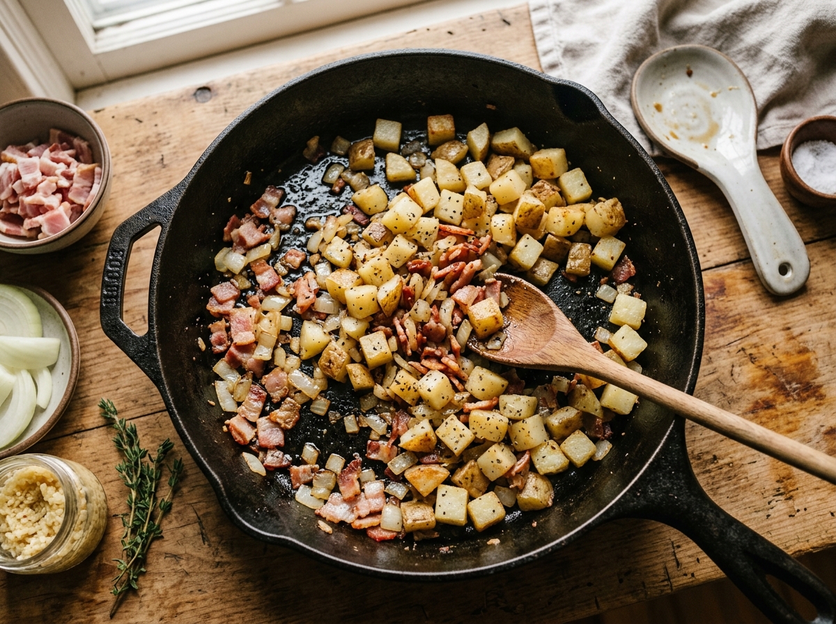 Layers of potatoes, sausage, and green beans in a slow cooker.