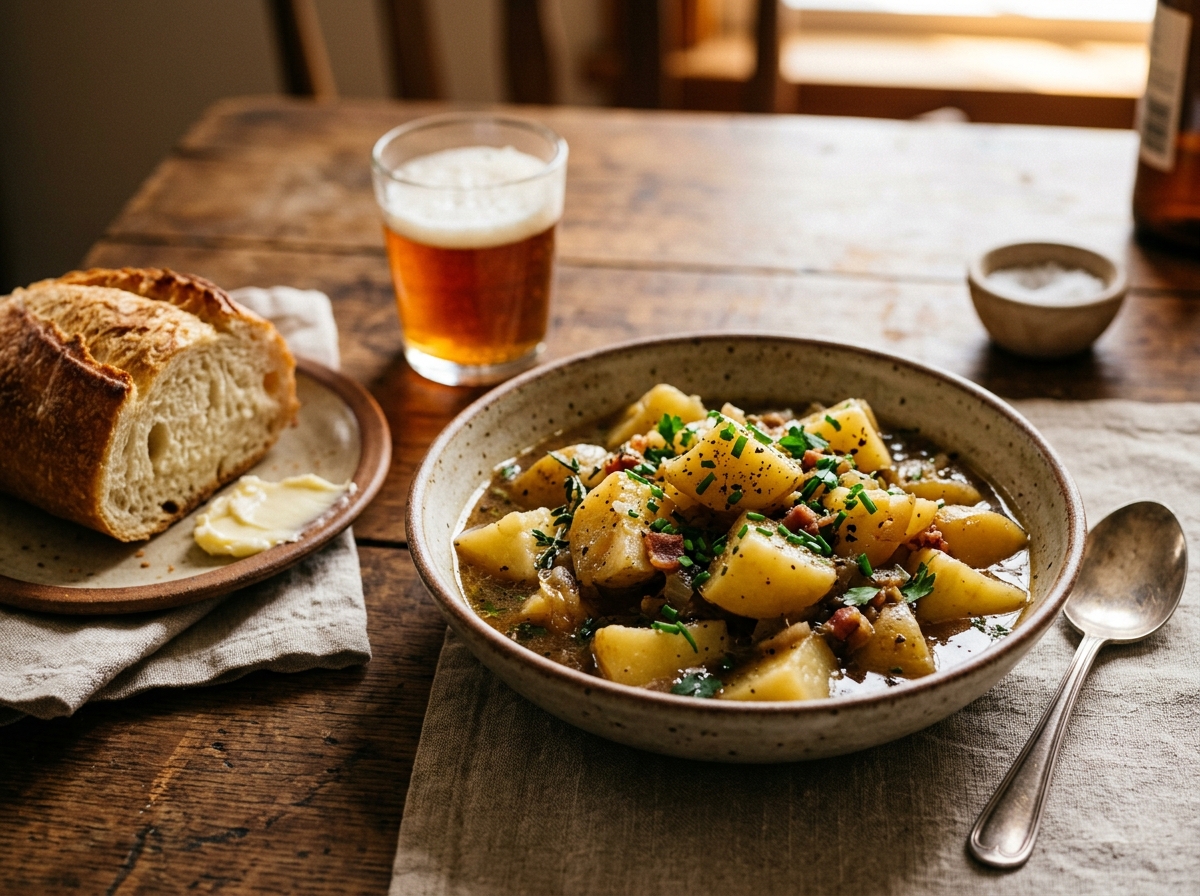 A bowl of swamp potatoes served with crusty bread on the side.