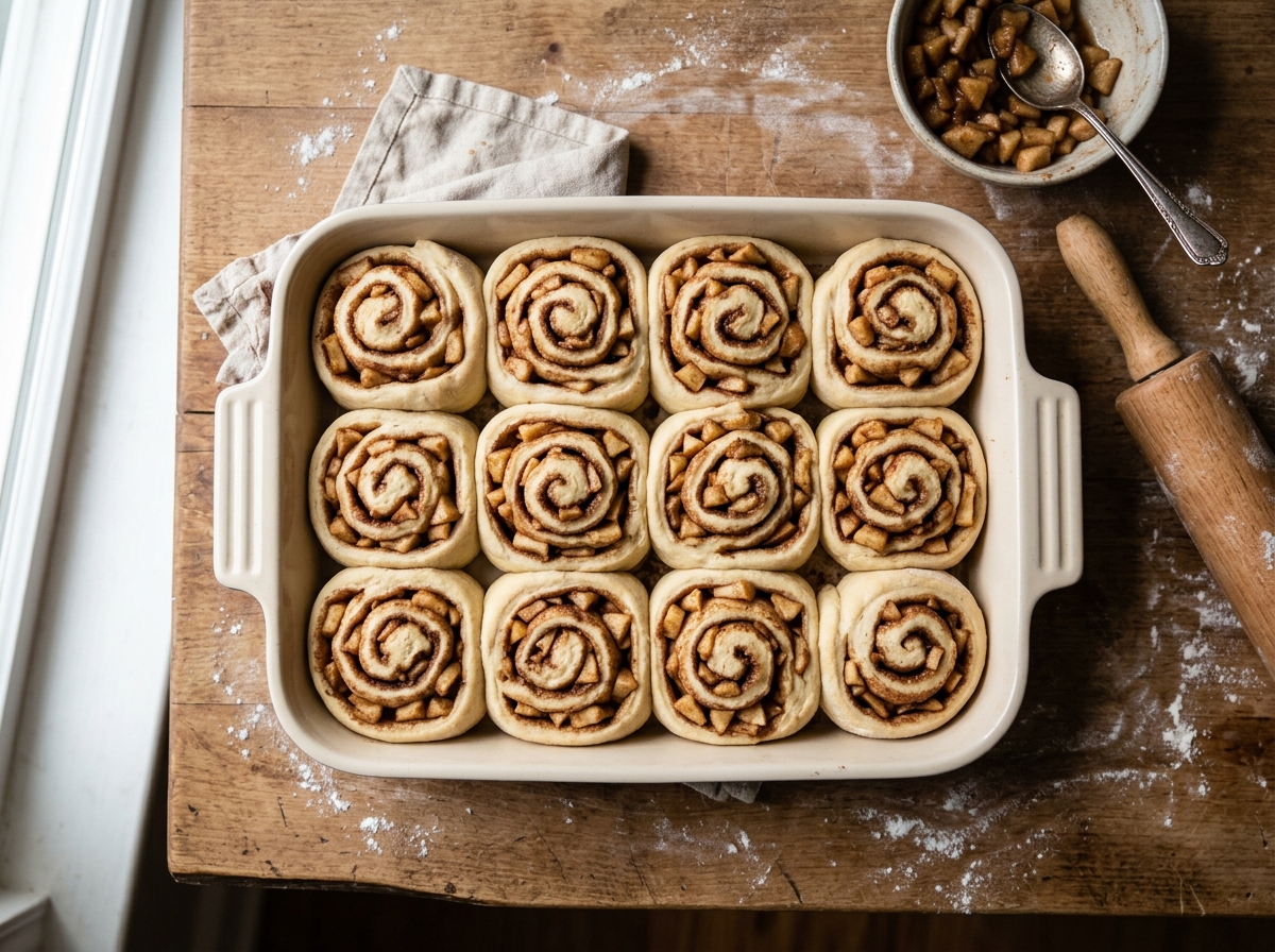 Golden cinnamon rolls fresh from the oven, filling pooling at the edges.