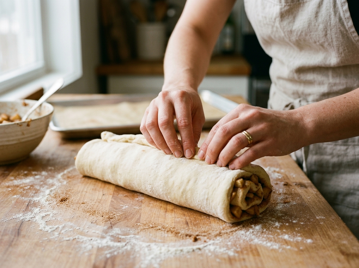 Hands rolling cinnamon-apple dough tightly into a log.