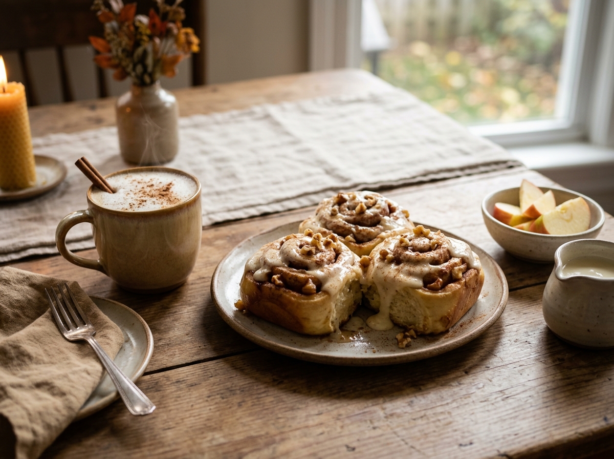 A frosted cinnamon roll on a plate with coffee alongside.
