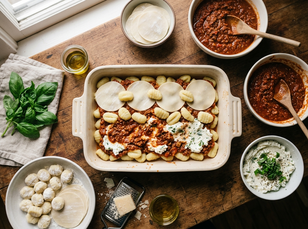 Layers of dumpling wrappers and chicken filling stacked in a ramekin.