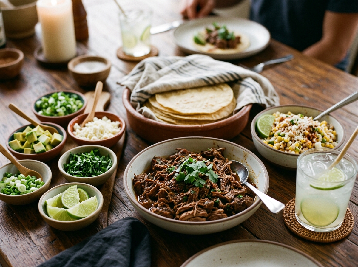 Taco toppings bar with avocado, cotija, cilantro, and lime.