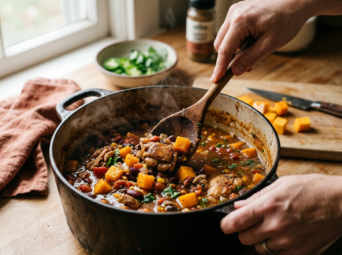 Searing chicken thighs in a pot before adding vegetables.