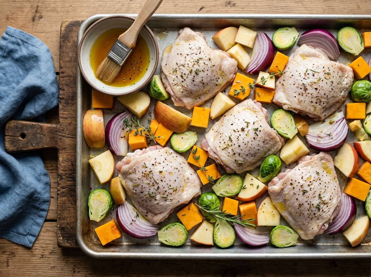 Golden roasted chicken thighs resting on fall vegetables on a sheet pan.