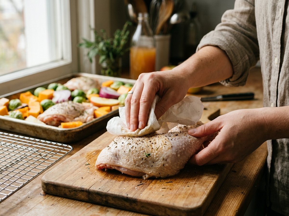 Brushing sticky apple cider glaze onto roasted chicken thighs.