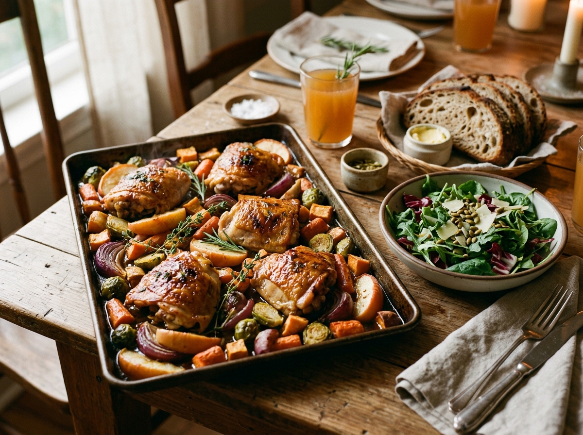 A plated serving of glazed chicken thigh with roasted apples and sprouts.