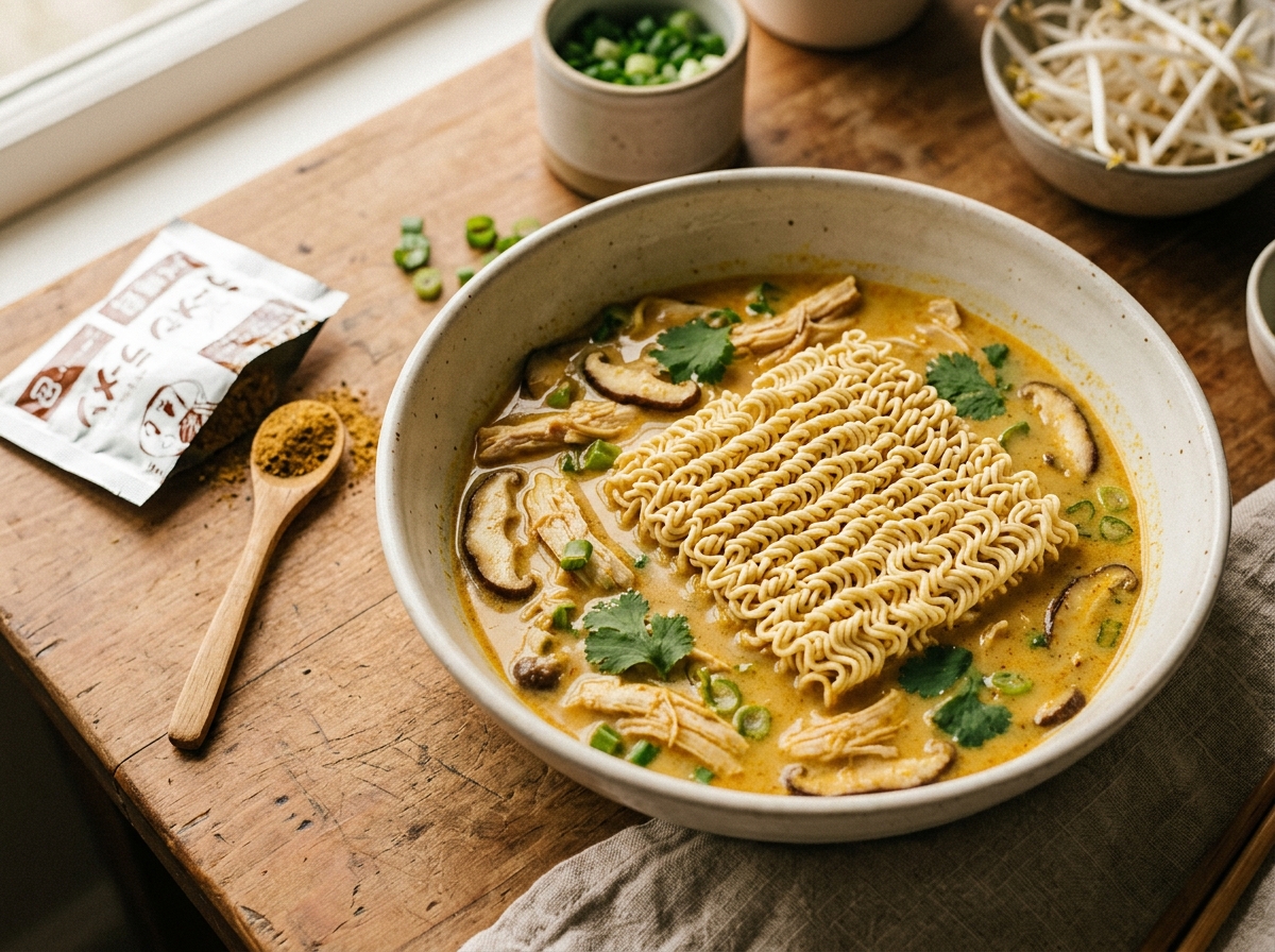 Steaming bowl of creamy curry ramen with chicken and herbs.
