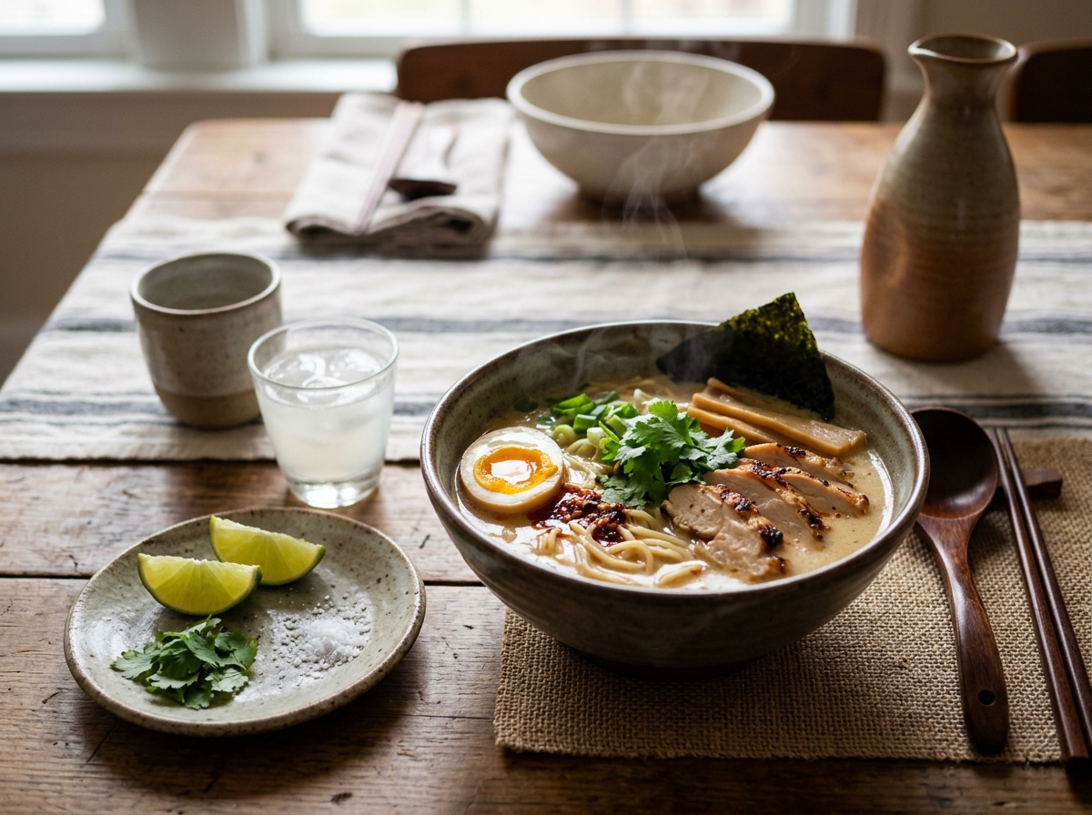Bowl of ramen soup garnished with lime wedge and herbs.