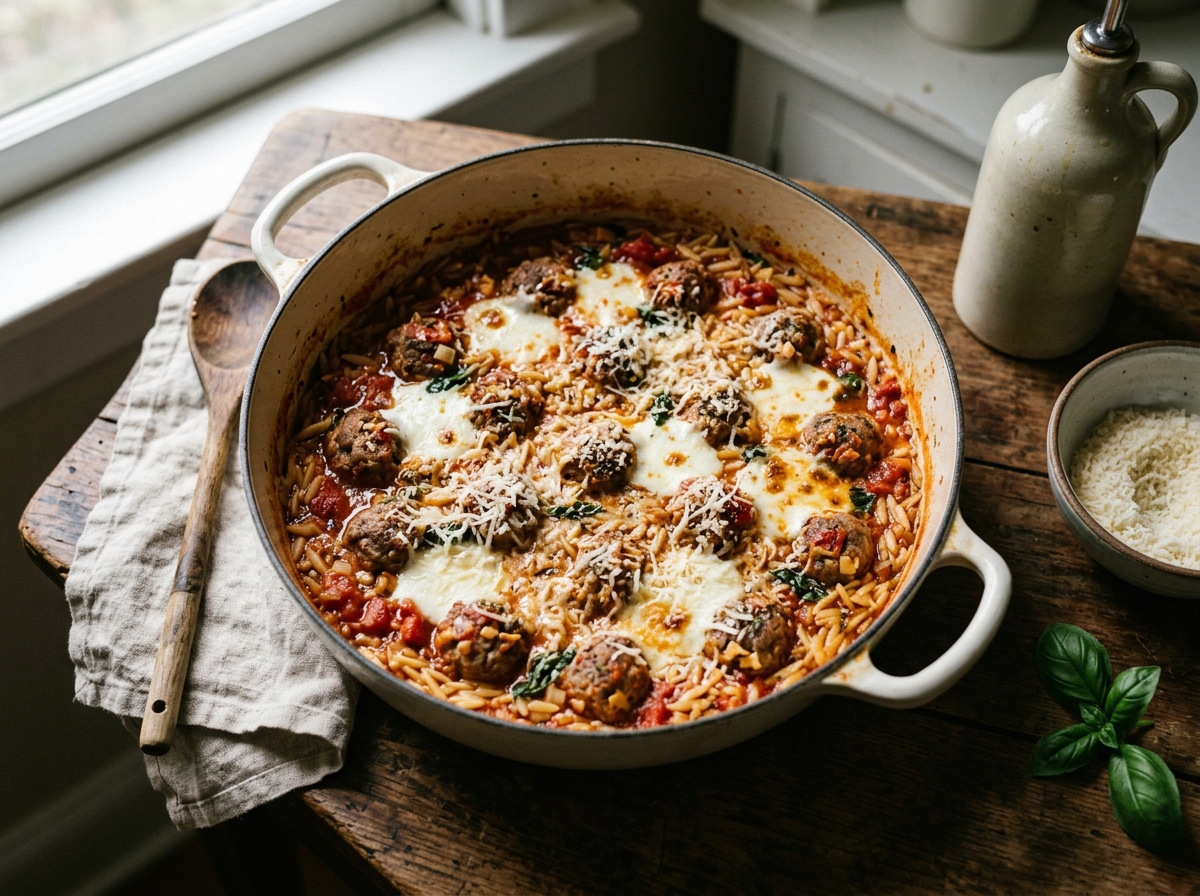 A skillet of bubbling meatball orzo fresh from the broiler.