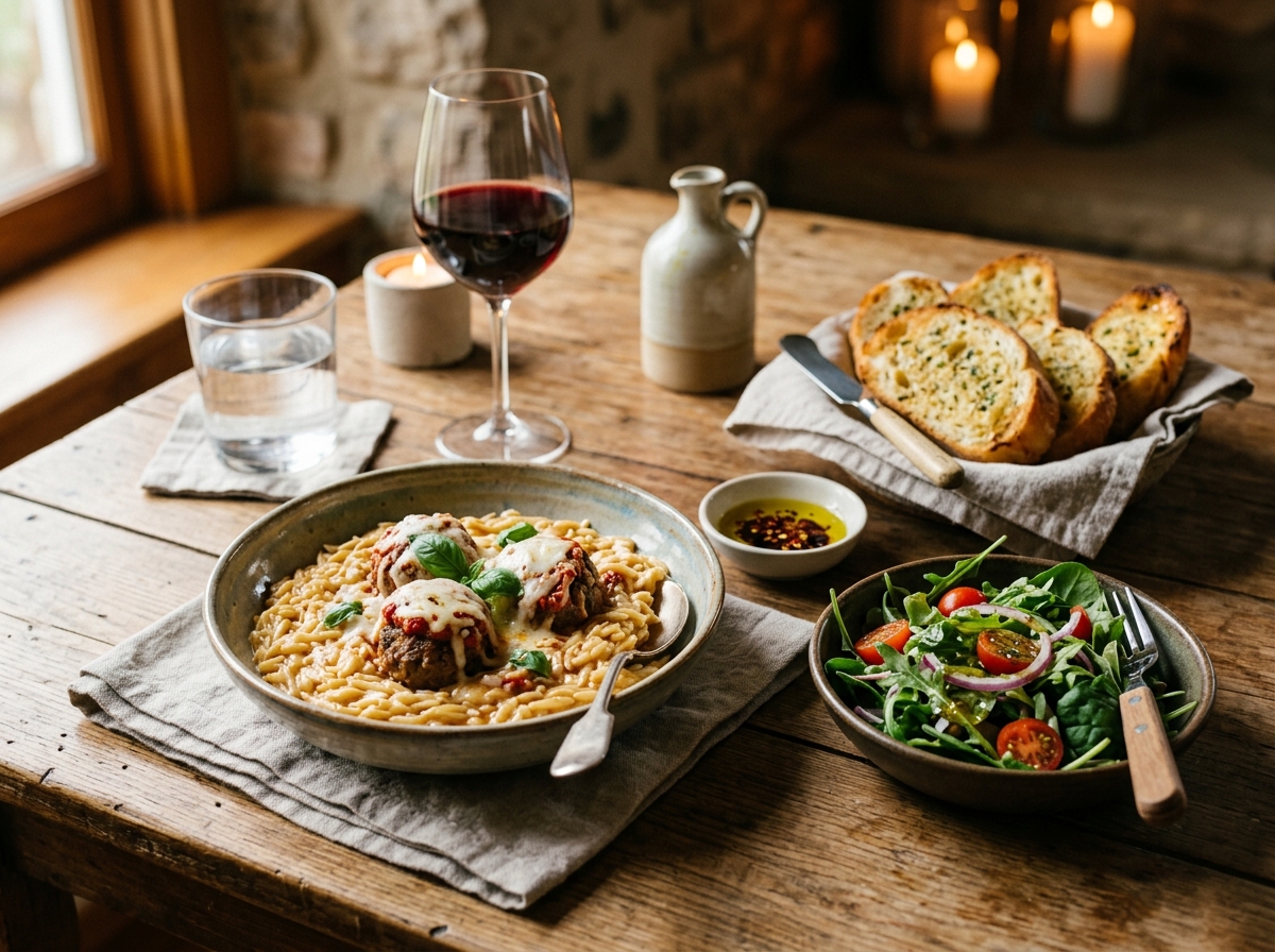 A bowl of meatball orzo garnished with fresh basil leaves.