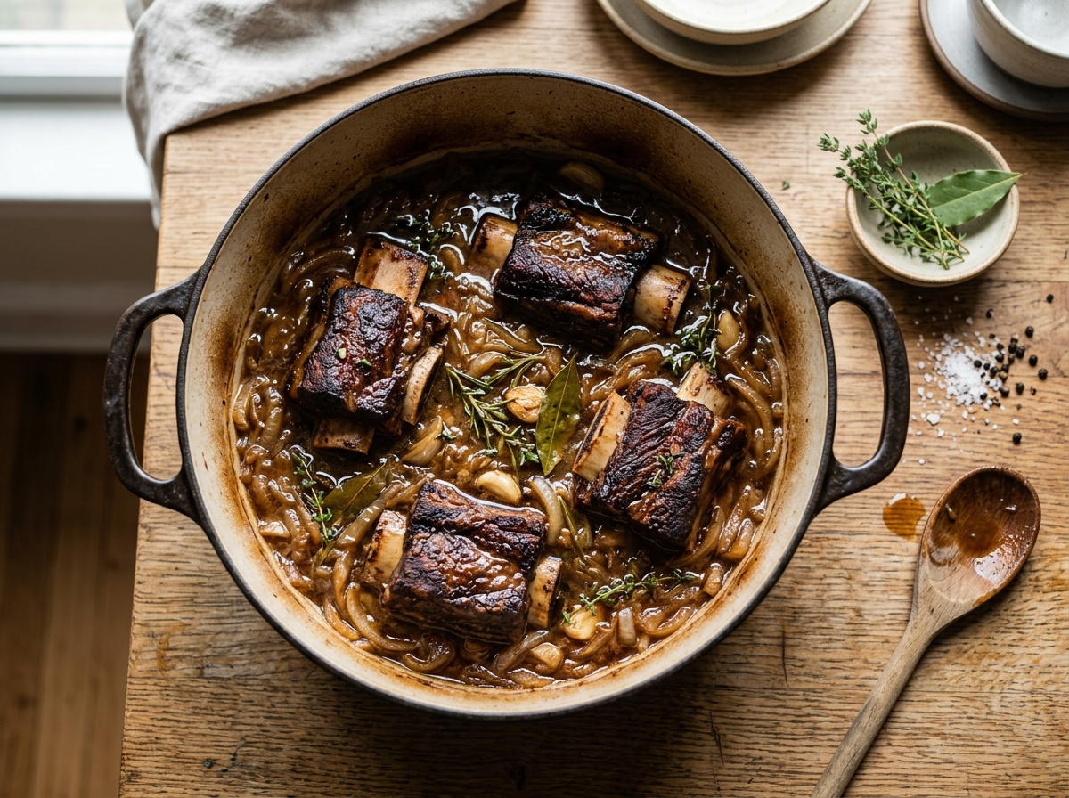 Bone-in short ribs simmering in a Dutch oven with cider and onions.