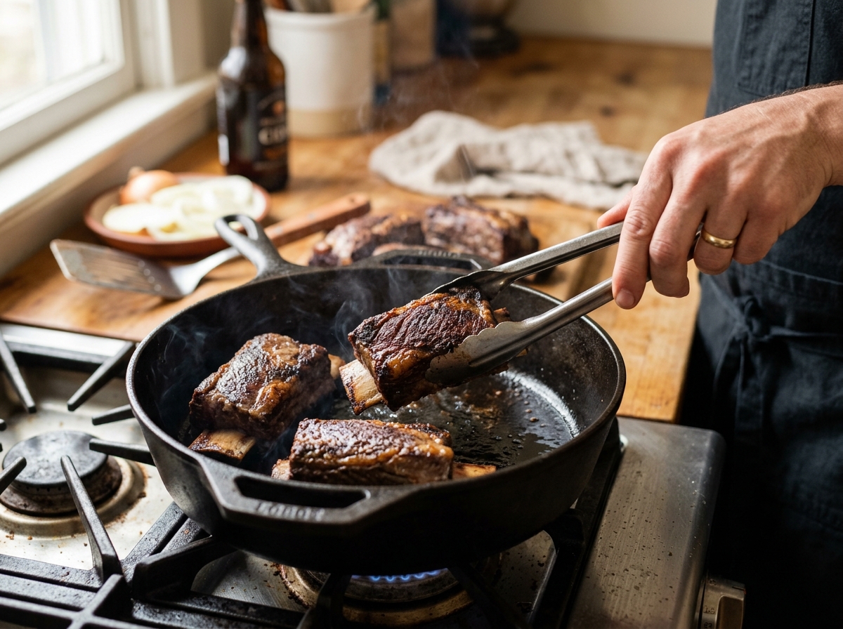 Searing short ribs in a hot Dutch oven until deeply browned.