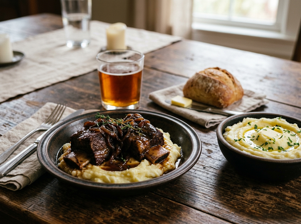 Braised short ribs served over mashed potatoes with pan sauce.