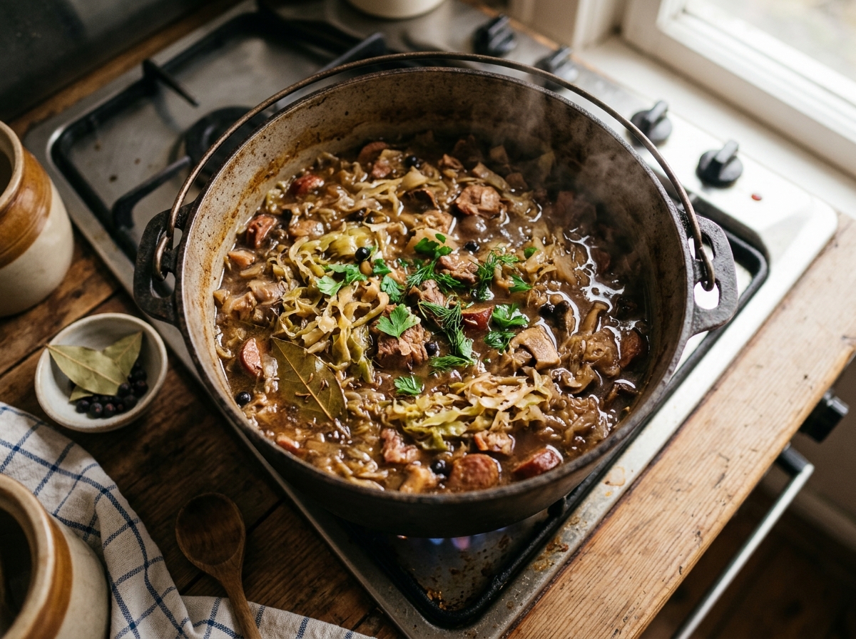 A steaming bowl of bigos topped with smoked sausage and herbs.