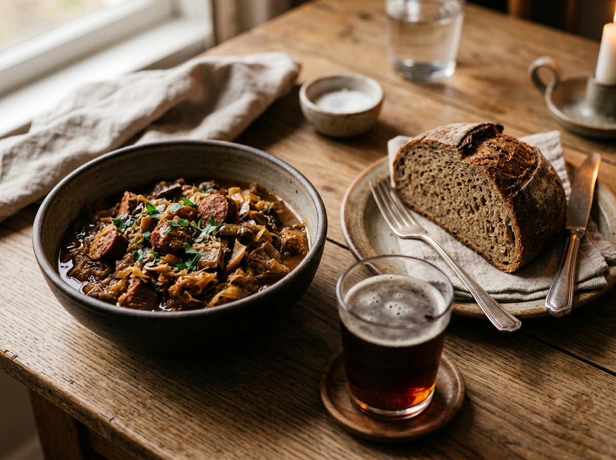 Rye bread and mashed potatoes served alongside a bowl of stew.