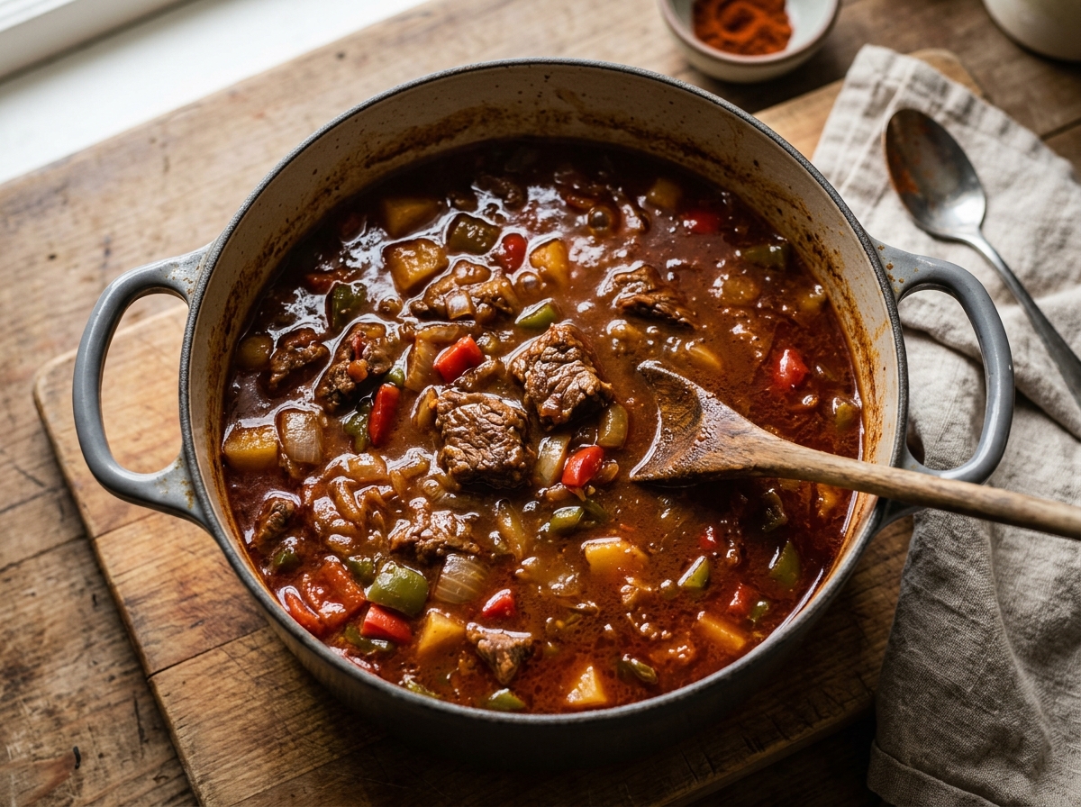 A steaming pot of paprika-red goulash with chunks of beef and vegetables.